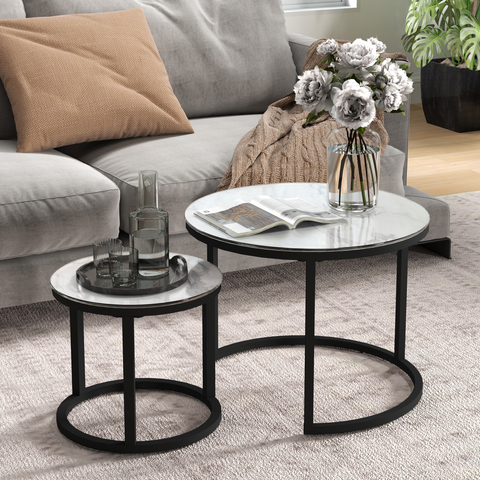 Glass Coffee Table Set of 2, Round Nest of Tables for Living Room