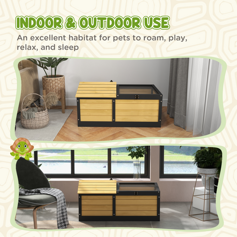 Wooden Tortoise House, Small Pet Reptile with Hide Shelter Den and Run
