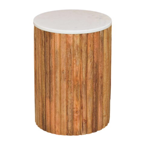 Artisan Furniture Solid Wood Fluted Marble Side Table, Brown & White