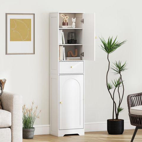 Tall Bathroom Storage Cabinet with Arch Doors Adjustable Shelf White