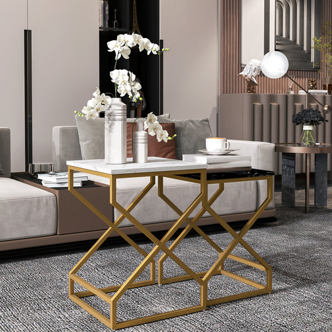 Nest Of Tables, Coffee Table Set with Steel Frame Black/White