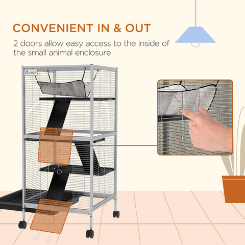 PawHut Rolling Small Animal Cage for Chinchillas Ferrets Kittens W/ Ramp Grey