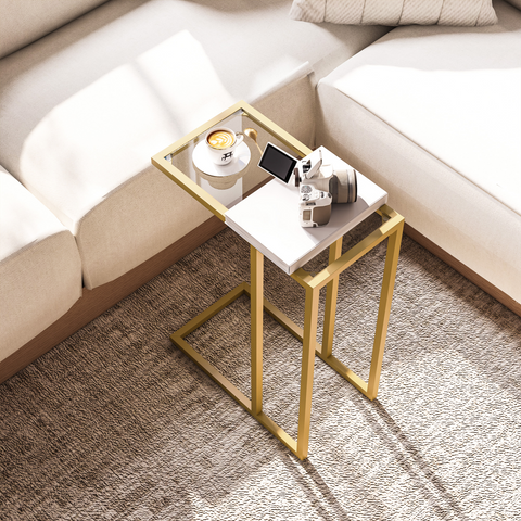 C-Shaped Side Table, End Table with Tempered Glass Tabletop, Gold
