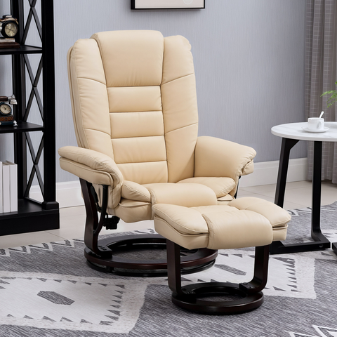 Swivel Manual Recliner and Footrest Set PU Leather Lounge Chair Beige