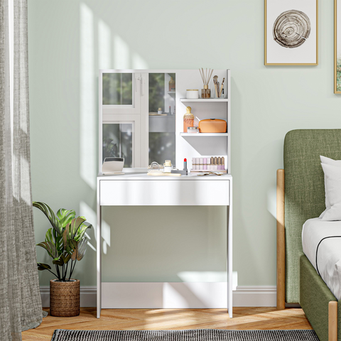 Dressing Table with Mirror and Storage, Modern Vanity Desk, White
