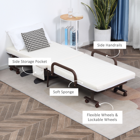 Ergonomic bed with labeled features in a home setting