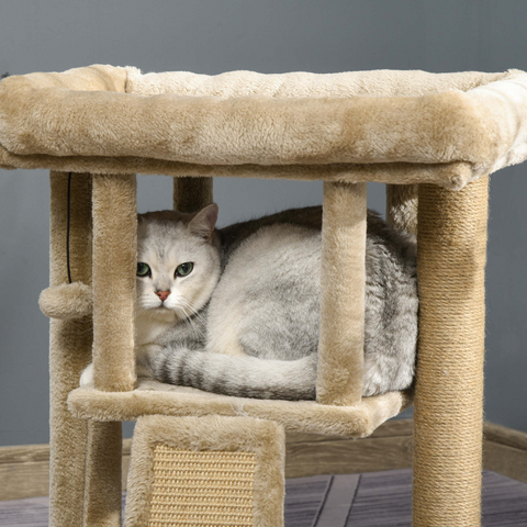 Cat Tree Tower W/ Jute Scratching Pad, Toy Ball, Cat House 66x38x88 cm - Coffee