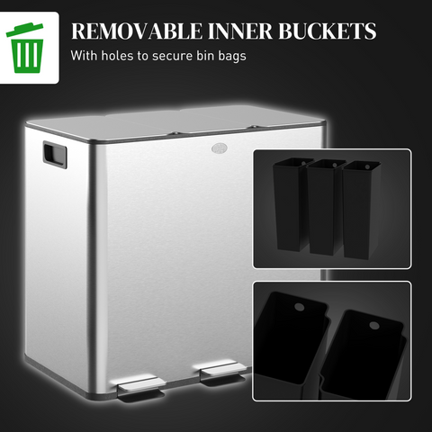 3 x 15L Triple Kitchen Bin Pedal Bin for Recycling and Waste, Silver