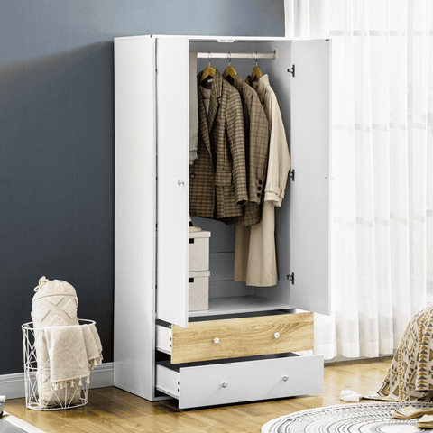 2 Door Wardrobe White Wardrobe with Drawers and Hanging Rod for Bedroom