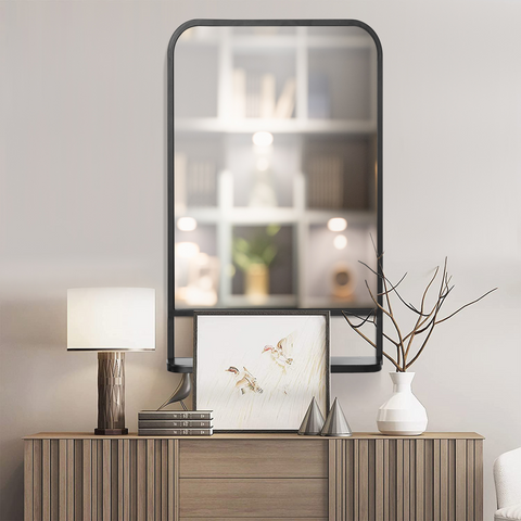 Square Wall Mirror with Shelf, 86x53 cm Modern Mirrors for Living Room, Bedroom