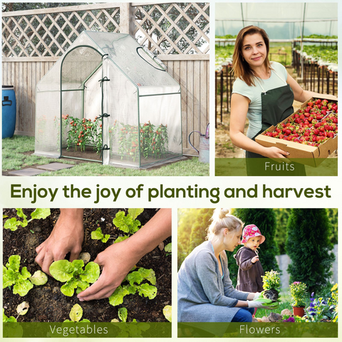 Collage of gardening activities including a greenhouse, harvesting fruits, planting vegetables, and tending to flowers.