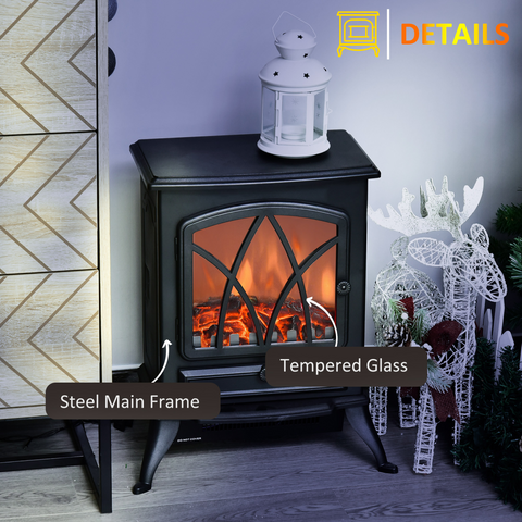 Free Standing Fireplace Fan-1850W Flame Effect, Electric Log Burning Stove -Black