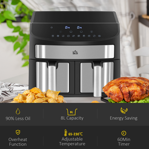 Oil Free Dual Air Fryer 10-in-1 8L w/ Sync Cook & Sync Finish Timer 2400W