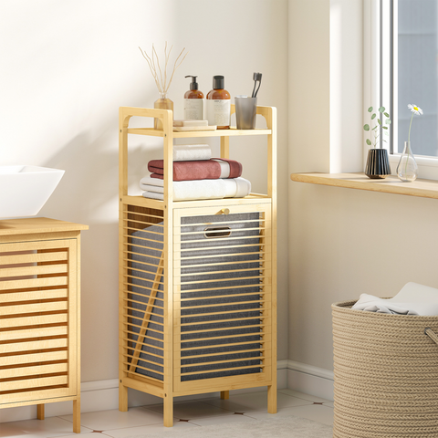 Removable 37L Laundry Hamper with Bamboo Bathroom Storage Cabinet