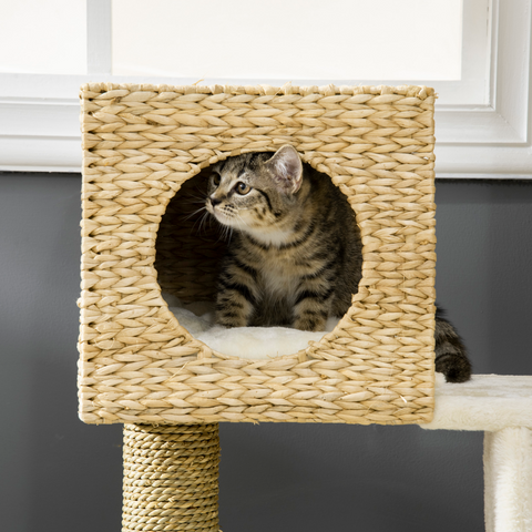 Cat Tree Kitten Tower Cattail Weave w/ Scratching Posts, Bed, House Pawhut