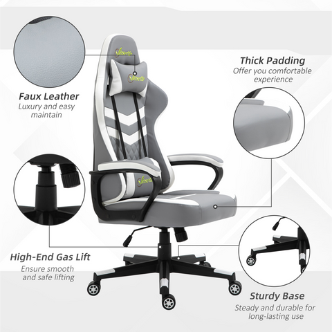 Racing Gaming Chair with Lumbar Support, Headrest, Gamer Office Chair, Grey White