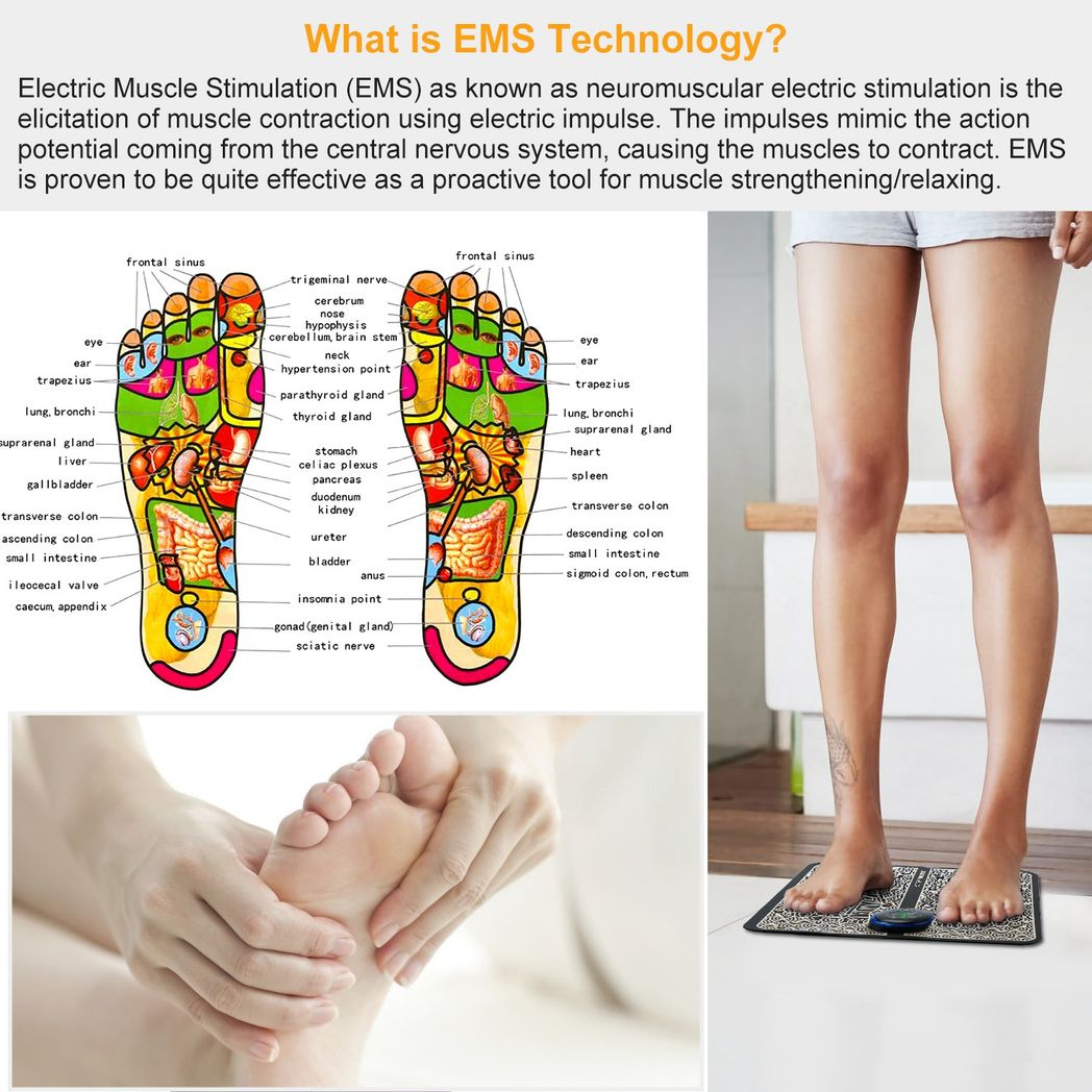 Diagram of foot reflexology, person using EMS device, and legs on a mat.
