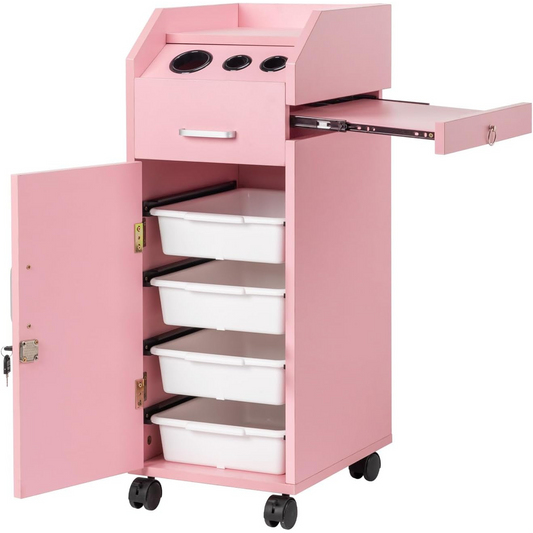 Hair Salon Storage Cart with Wheels & 3 Hair Dryer Holders & 4 Drawers & Lock & 2 Keys, Hairdressing Tools Station Mobile Makeup Case pink