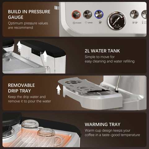 Espresso Machine, Bean Grinder & Steam Wand, 15 Bar Pressure, Silver.