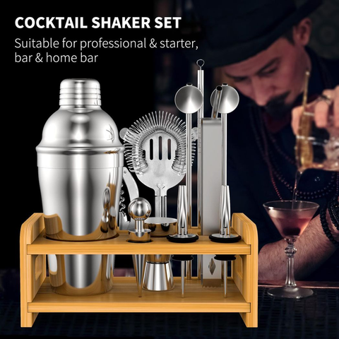 Cocktail shaker set with bar tools on a wooden stand, suitable for professional and home bars.