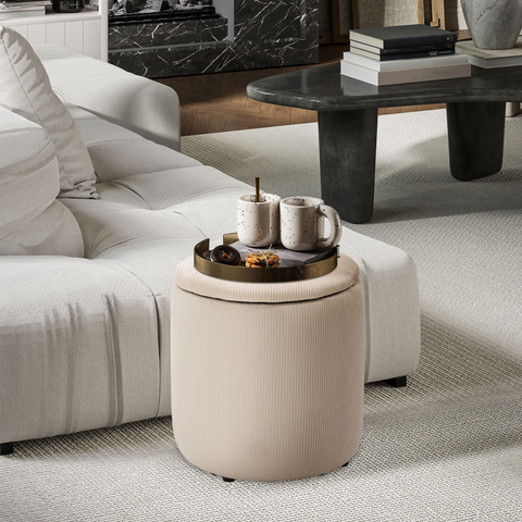 Modern Fabric Storage Ottoman with Removable Lid, Set of 2, Cream White