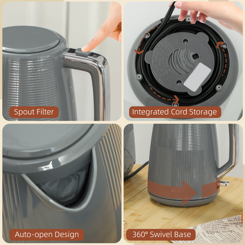 1.7L Fast Boil Electric Kettle and 2 Slice Water Toaster Set, Grey