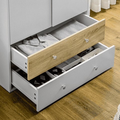 2 Door Wardrobe White Wardrobe with Drawers and Hanging Rod for Bedroom