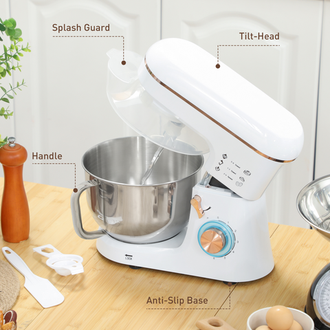 Electric Stand Mixer, 5L Food Mixer with Dough Hook, Whisk, White