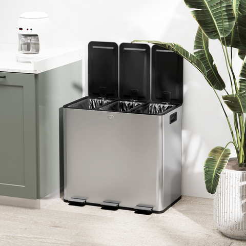 3 x 15L Triple Kitchen Bin Pedal Bin for Recycling and Waste, Silver
