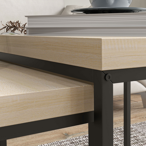 Coffee Table Set of 2, Nest of Tables with 3.5cm Thick Tabletop, Oak