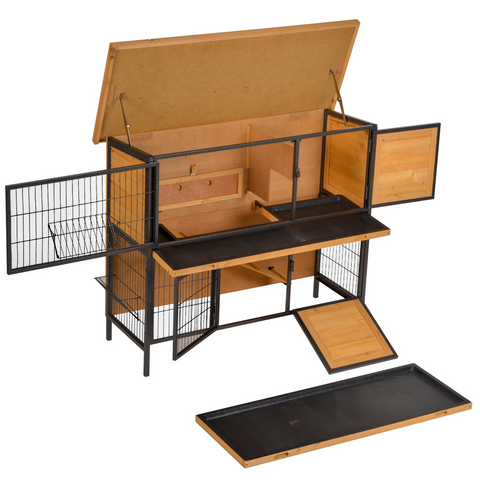 Wooden Metal Rabbit Hutch Pet House Bunny w/ Slide-Out Tray Outdoor Light Yellow