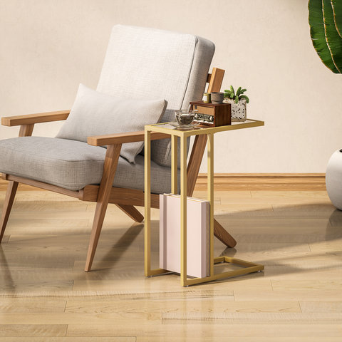 C-Shaped Side Table, End Table with Tempered Glass Tabletop, Gold