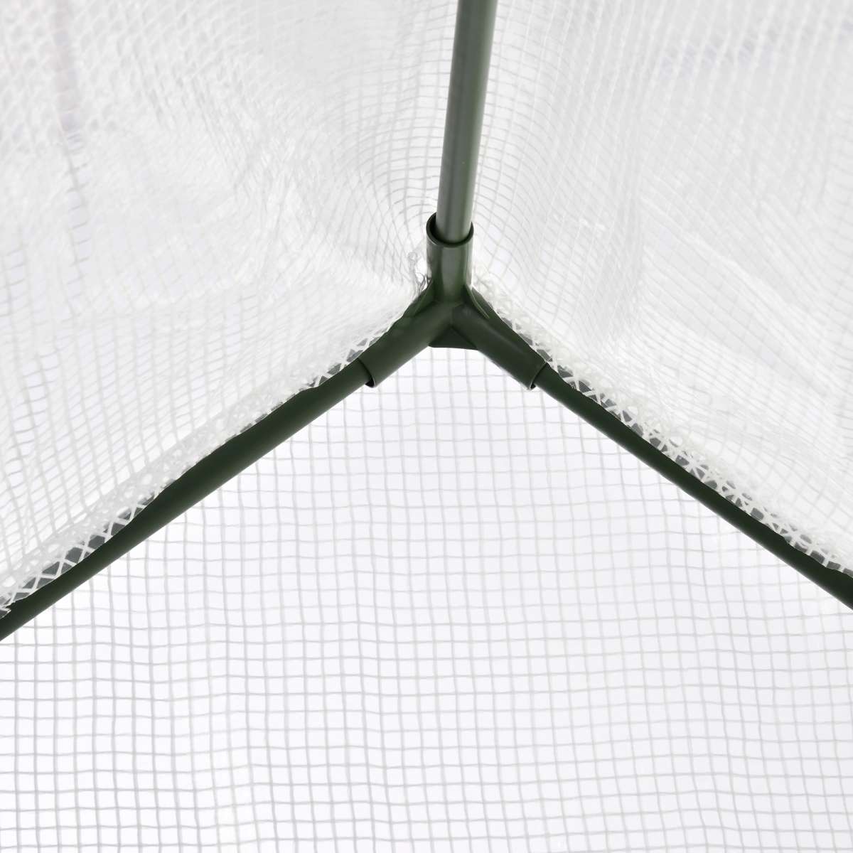 Close-up of a white mesh screen with a green metal frame on a white background