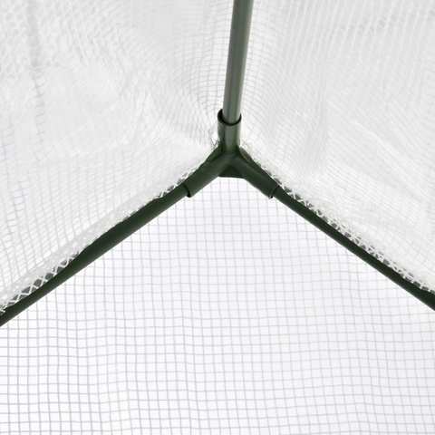 Close-up of a white mesh screen with a green metal frame on a white background