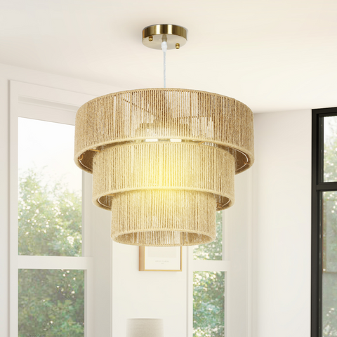 Boho Hemp Rope Pendant Light, Ceiling Light for Bedroom, Light Brown