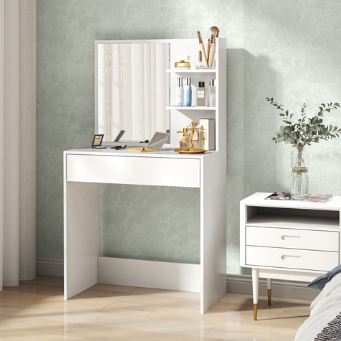 Dressing Table with Mirror and Storage, Modern Vanity Desk, White