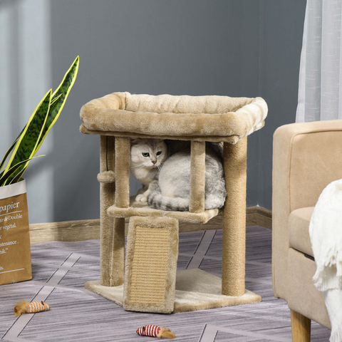 Cat Tree Tower W/ Jute Scratching Pad, Toy Ball, Cat House 66x38x88 cm - Coffee