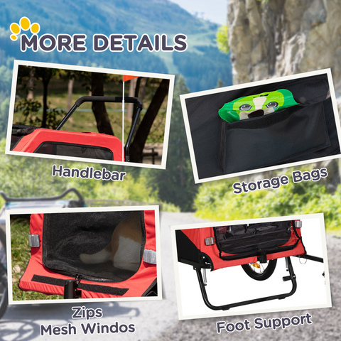 2 in 1 Dog Bike Trailer Pet Stroller for Large Dogs W/ Hitch - Red