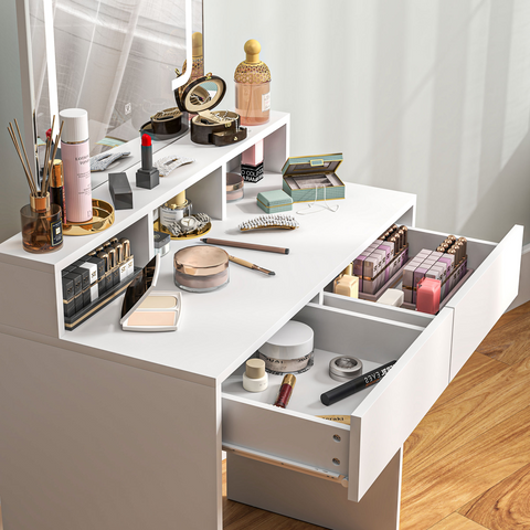 Dressing Table with Mirror, LED Lights, Drawers, for Bedroom, White