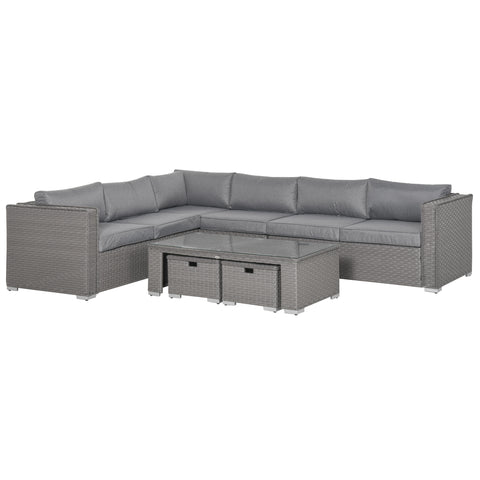 Gray outdoor sectional sofa with a matching coffee table on a white background