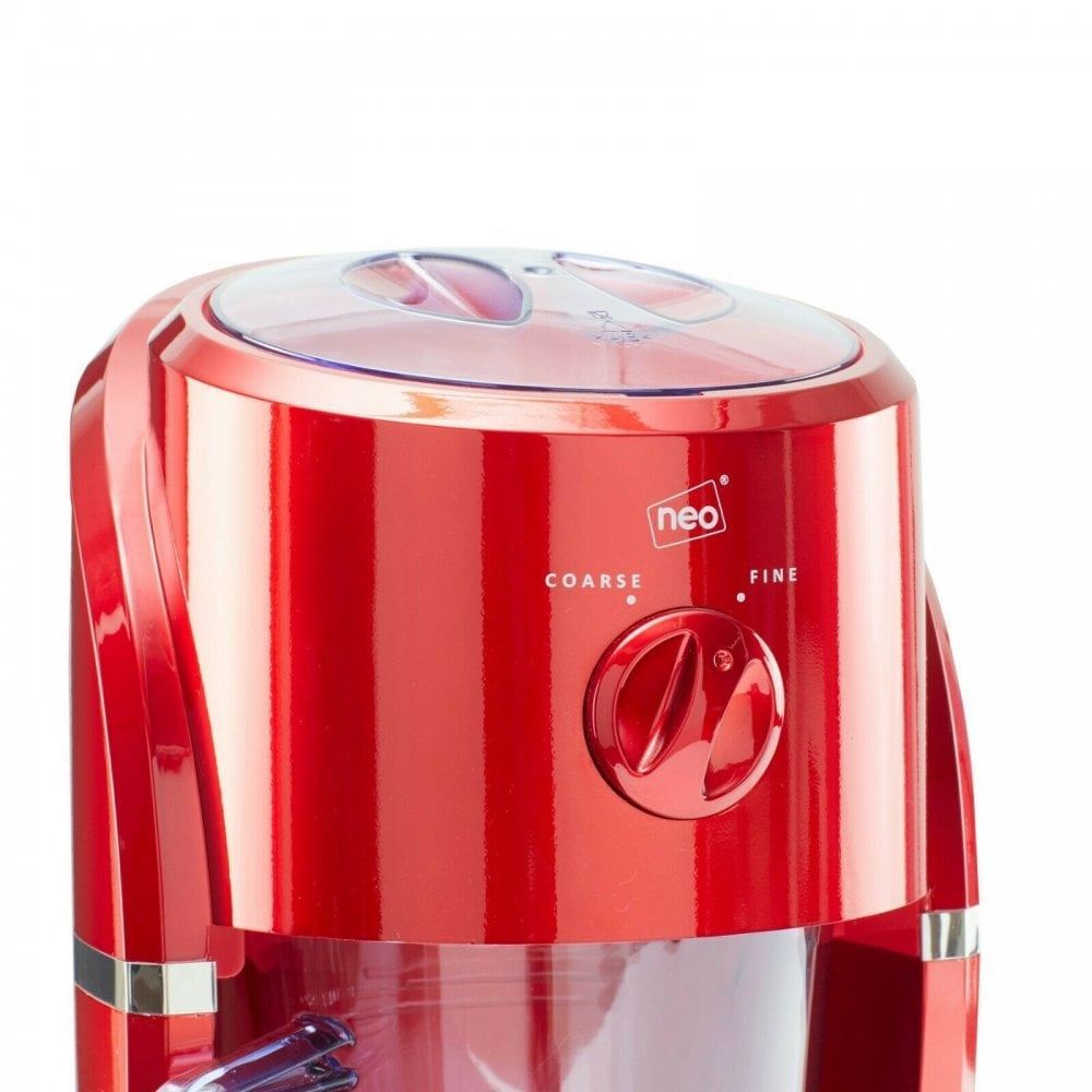 Red coffee grinder with 'neo' branding on a white background