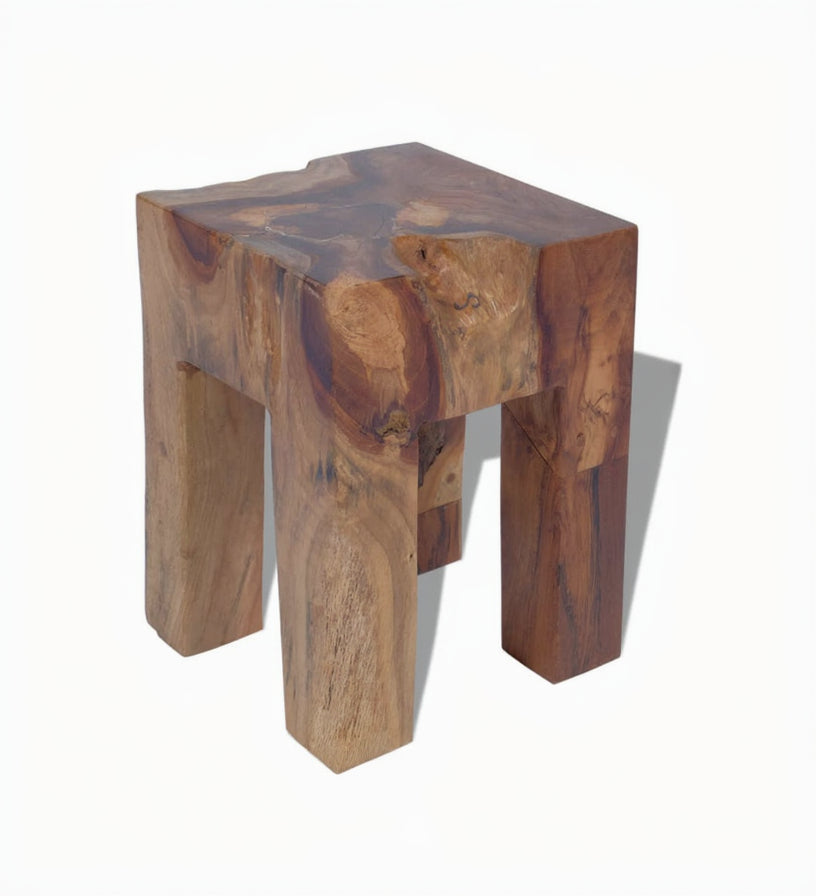 Wooden stool with a natural, rustic finish on a white background