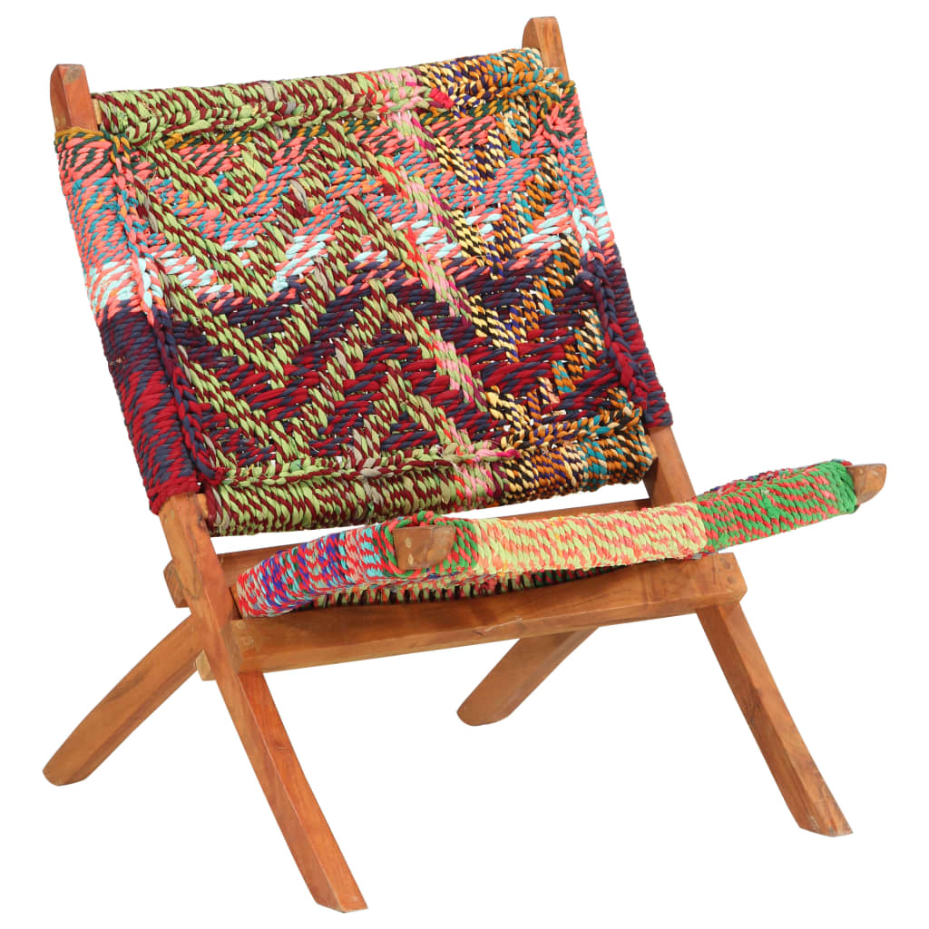 Colorful woven chair with wooden frame on a white background