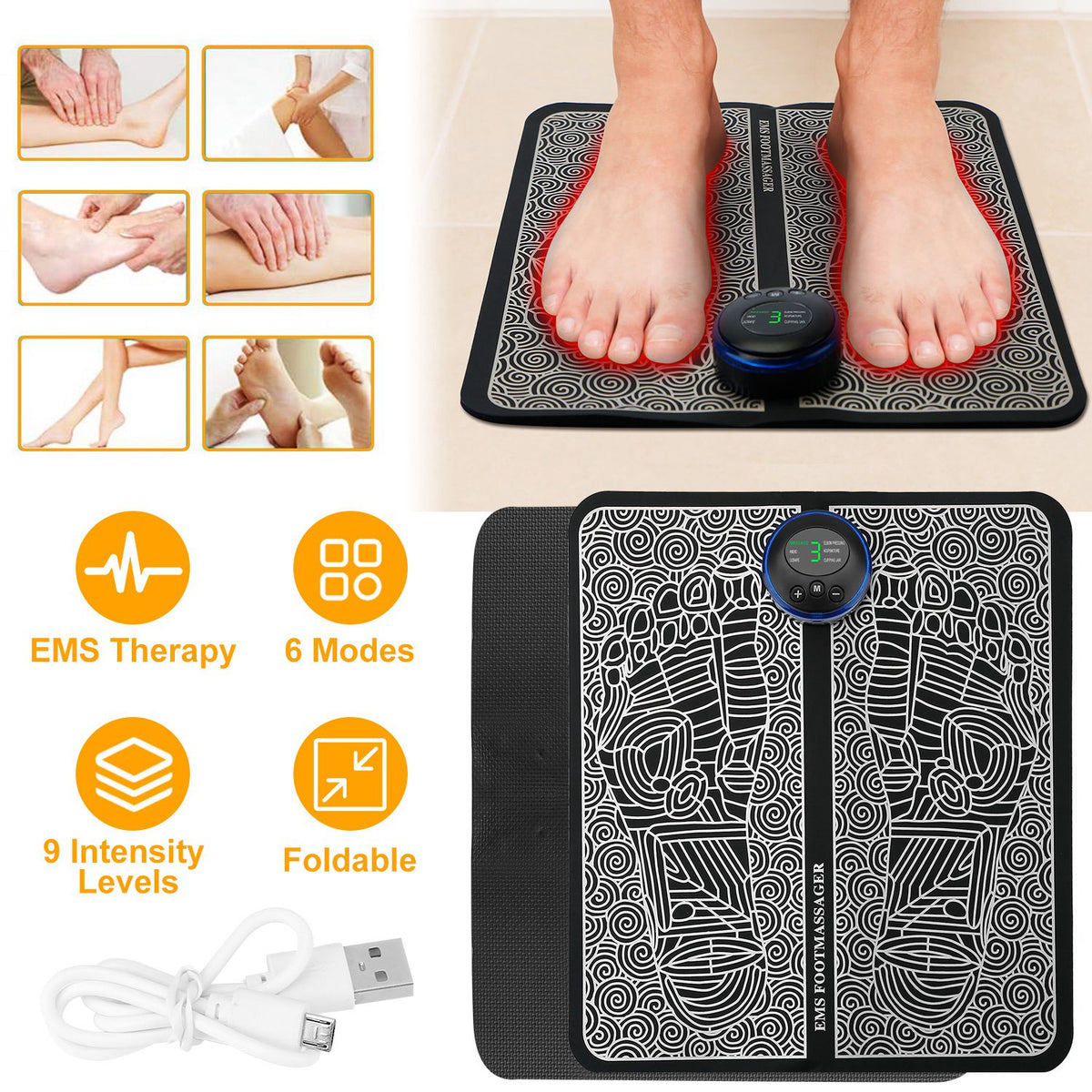 Massage mat with USB cable and features highlighted on a light background