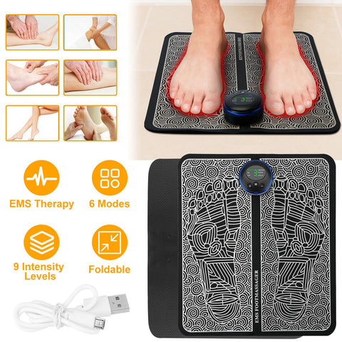Massage mat with USB cable and features highlighted on a light background