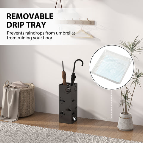 Decorative Umbrella Holder w/ Drip Tray 4 Hooks for Entryway Black