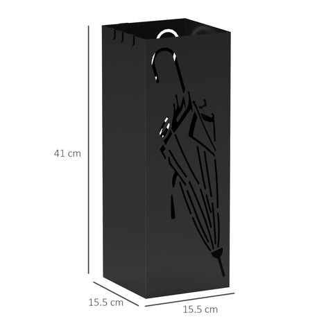 Square Umbrella Holder with Hooks and Water Tray for Entryway Black