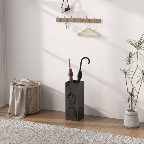Square Umbrella Holder with Hooks and Water Tray for Entryway Black