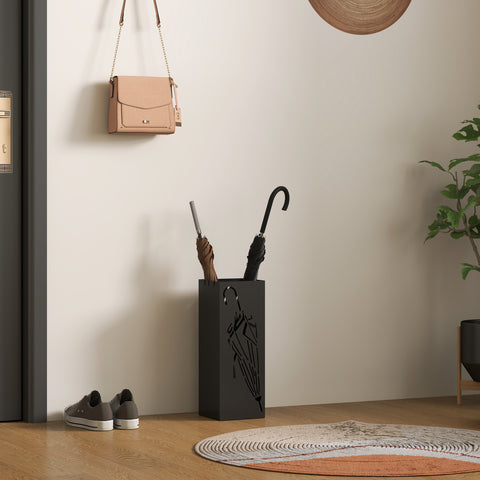 Square Umbrella Holder with Hooks and Water Tray for Entryway Black