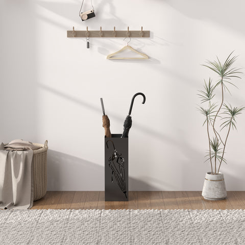 Square Umbrella Holder with Hooks and Water Tray for Entryway Black